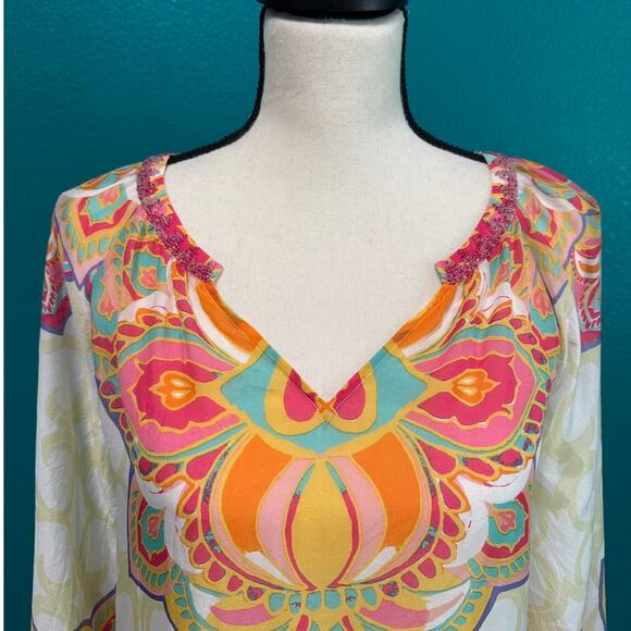 Hale Bob 100% Silk Beaded Neckline Multicolor Print Women's Blouse XS - Picture 3 of 11